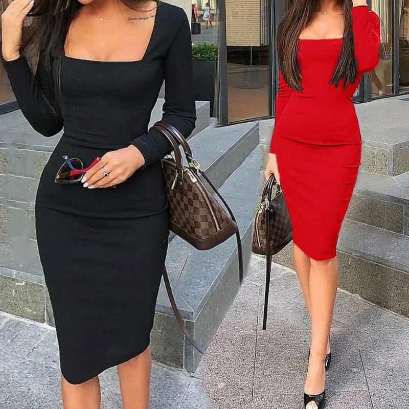 Women Elegant Party Dress Long Sleeve Solid Bodycon Mid Dress New Spring Autumn Casual Sexy Club Dresses Vestidos Black Red