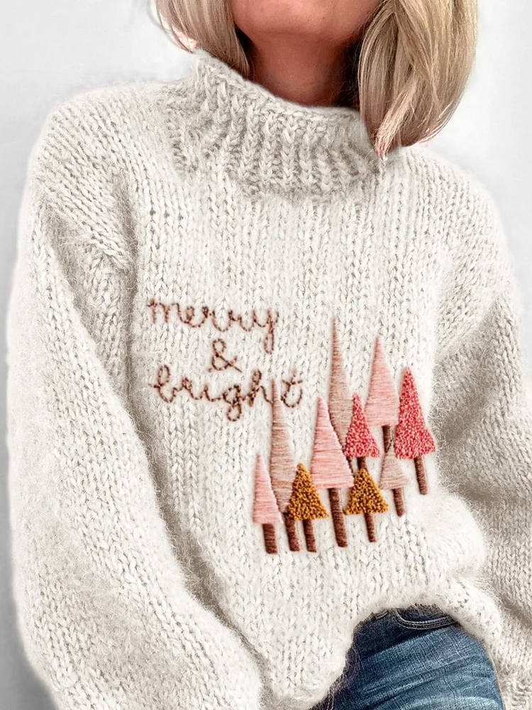 Merry & Bright Pink Christmas Trees Embroidered Cozy Turtleneck Sweater