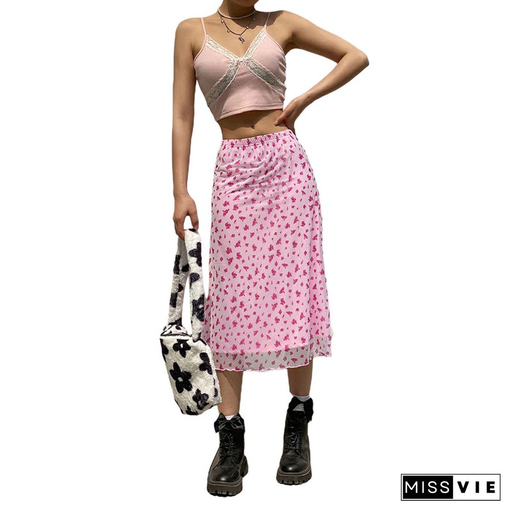 Women Summer Midi Skirts Boho Y2K Stylish Package Hip Bottoms Ladies High Waist Floral Skirt E-girl Harajuku Streetwear