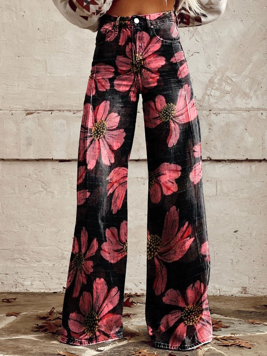 Women's Vintage Flower Print Casual Wide Leg Pants