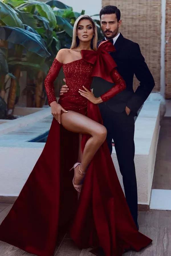Stunning Burgundy Sequins Long Sleeveless Mermaid Prom Dress with Split
