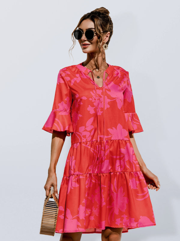 Llyge V-neck trumpet sleeve cake style stitching dress llyge