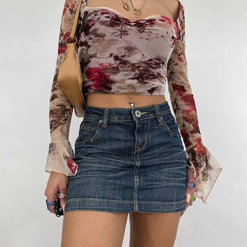 Churchf hirigin&nbsp;Vintage Square Neck Skinny Crop Top Retro Floral Print T-shirt Elegant Women Fairy Grunge Long Sleeve Ruffles Pullover-Outfit Ideas