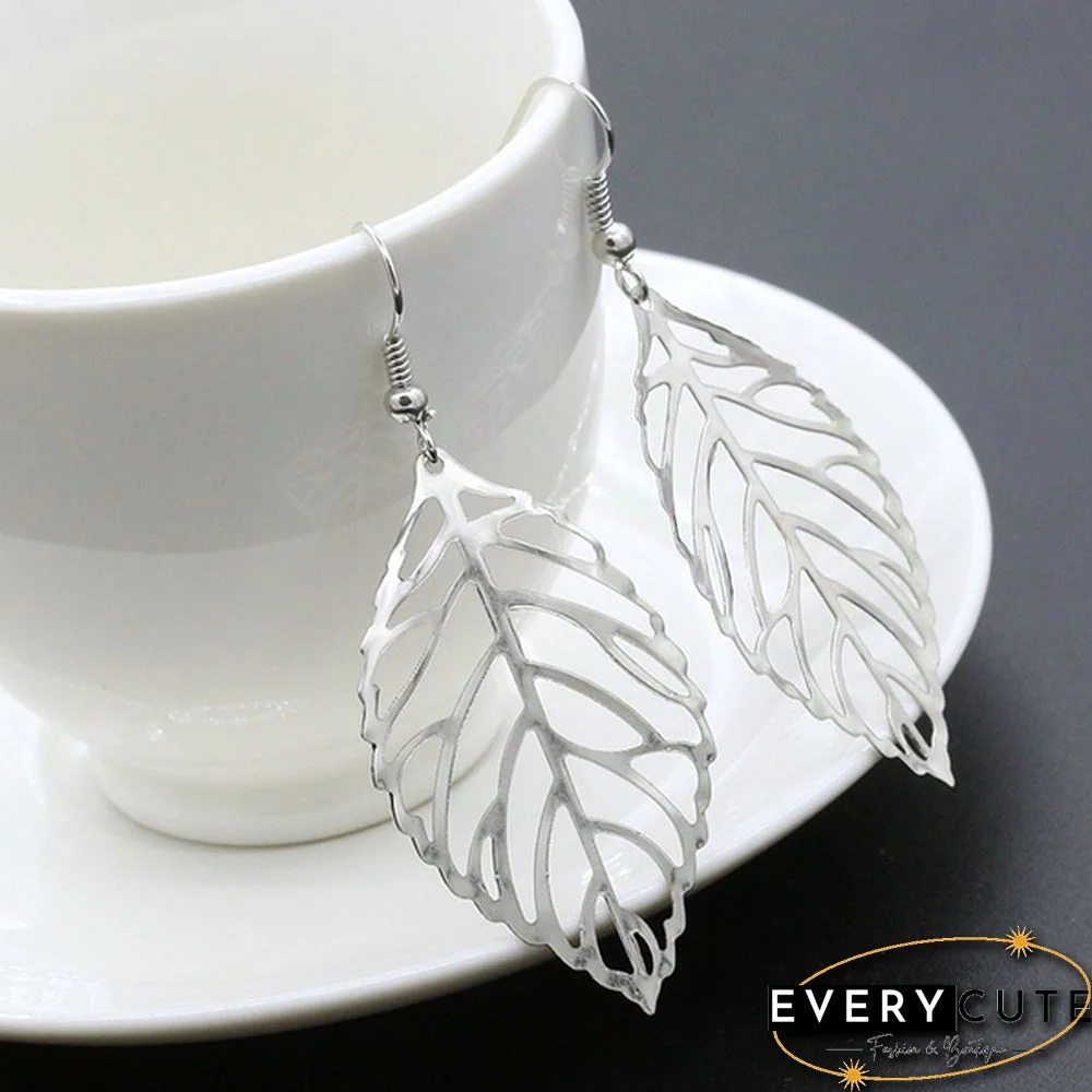 2 in 1 Set Leaves Necklace and Earings Fashion Women Jewelry Set Forest Style Double Leaves Silver Necklace
