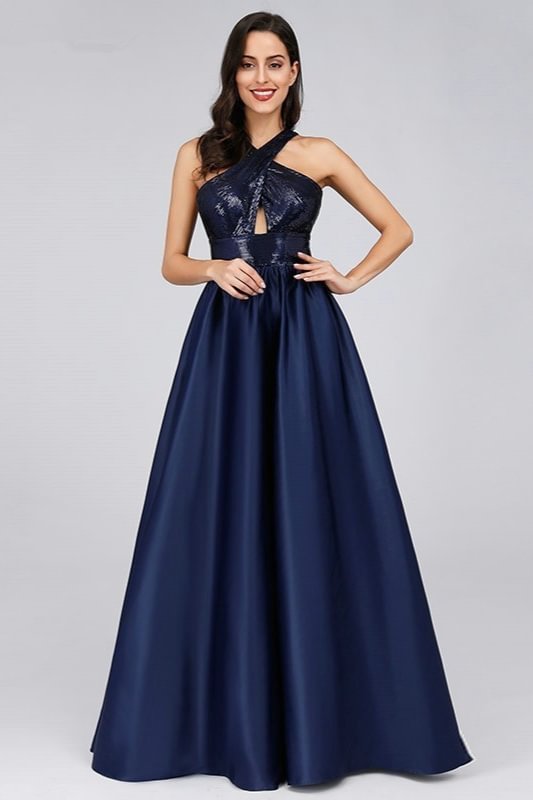 Bellasprom Navy Sequins Prom Dress Long A-Line Evening Gowns Halter