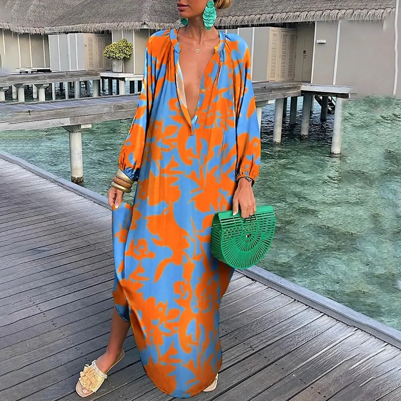 Vacation Print V-Neck Loose Maxi Dress