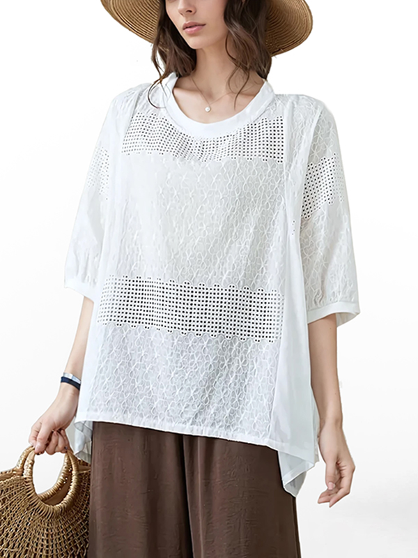 Simple Hookwork Lace Embroidered Cotton Linen Shirt