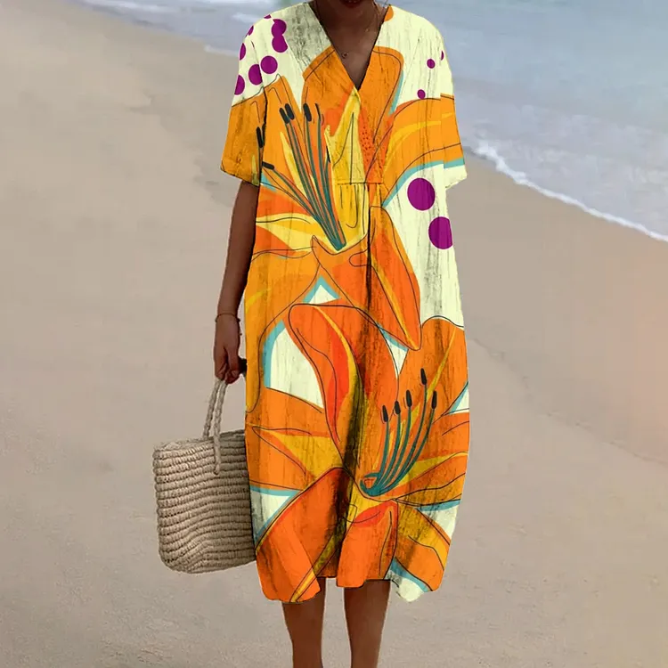 Women's Yellow Lily Decorative Pattern Printed Flowy Dress