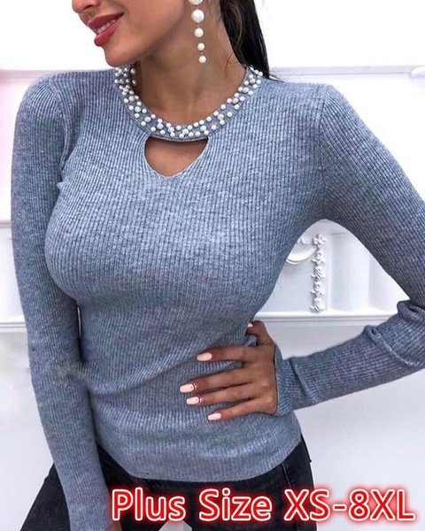 Women Pearl Studded Collar Rib Top One Puffed Long Sleeve T Shirt Blouse Tops Sweatshirt Sweater Plus Size XS-8XL - Shop Trendy Women's Fashion | TeeYours