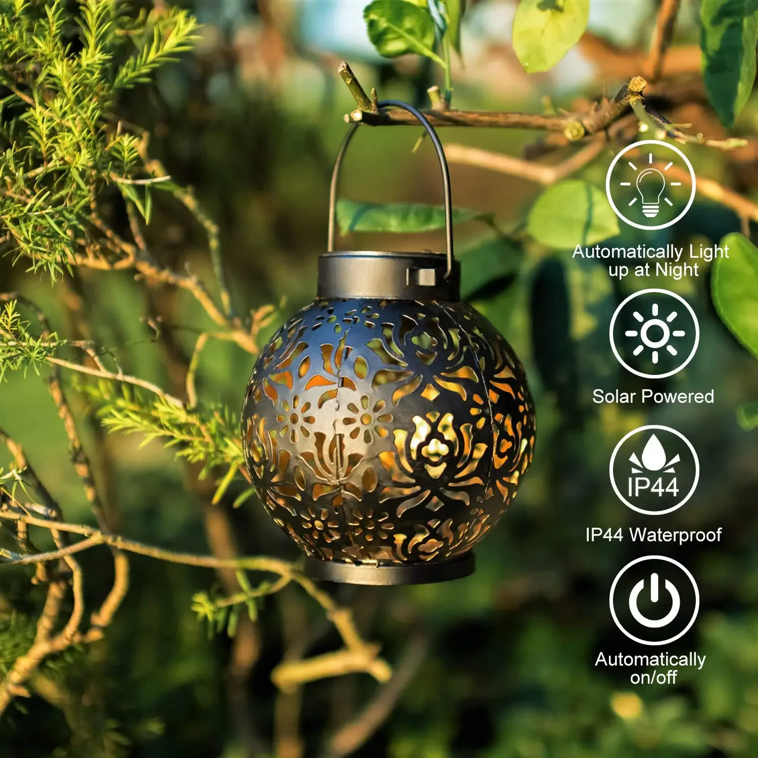 Tegooe Tegooe Solar Powered Hanging Lantern - Iron Art Hollowed-Out Projection Light for Garden Patio Decoration