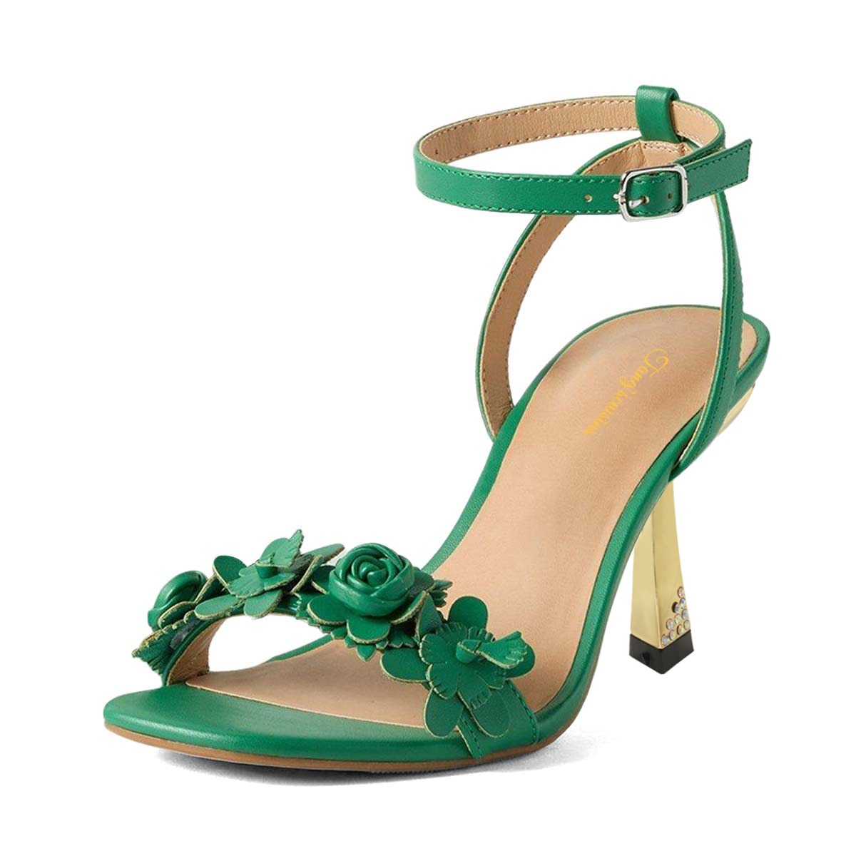Green Flower Ankle Strap Summer Sandals with Gold Metallic Heels Nicepairs