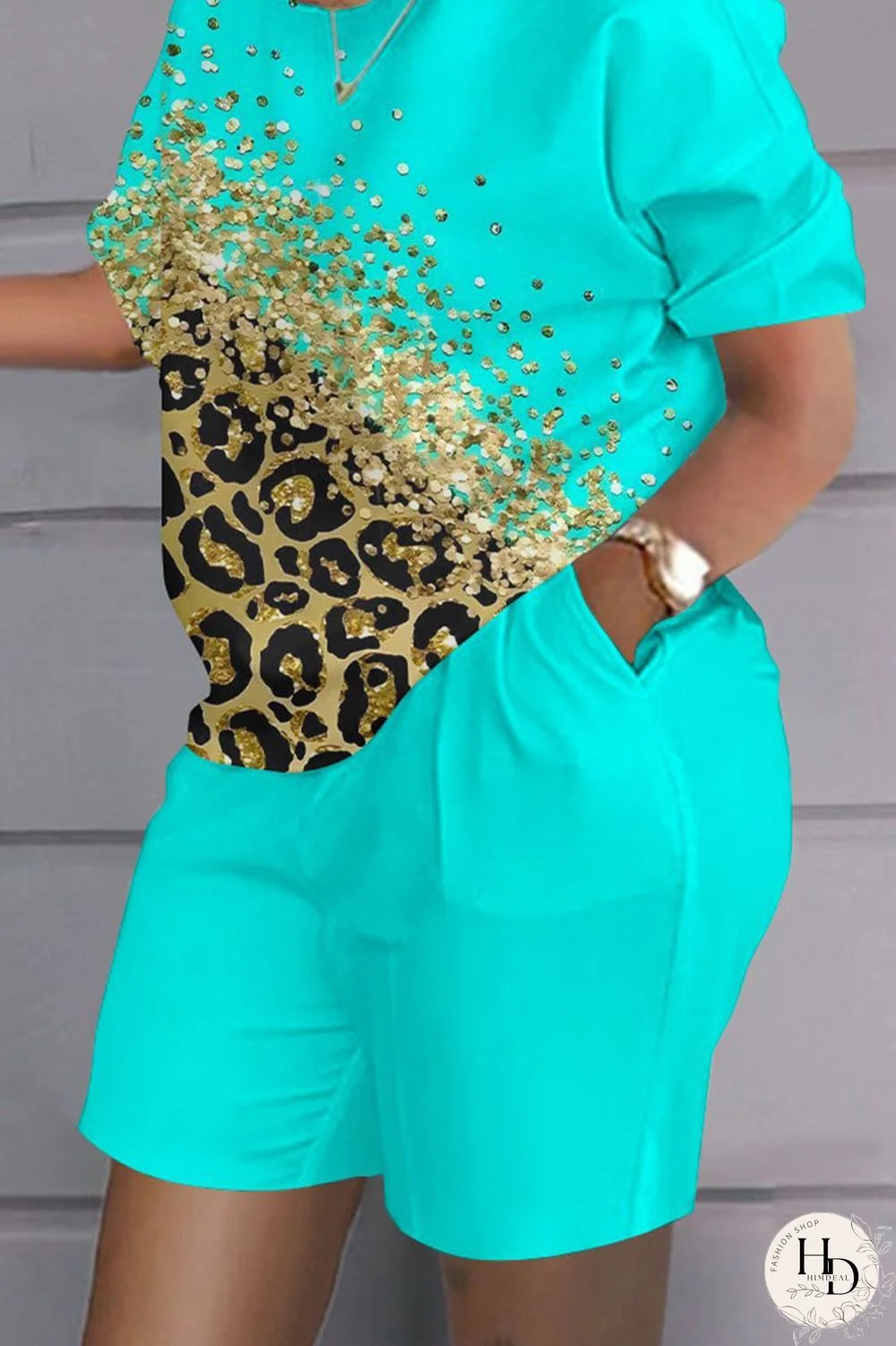 Grey Black Casual Print Patchwork O Neck Short Sleeve Two Pieces