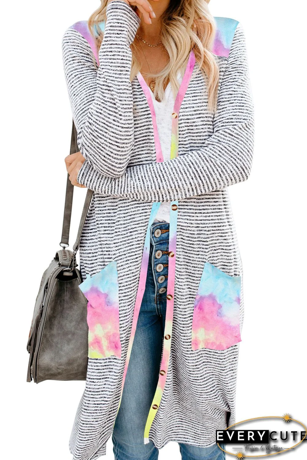 Tie-dye Patchwork Long Striped Cardigan with Pockets