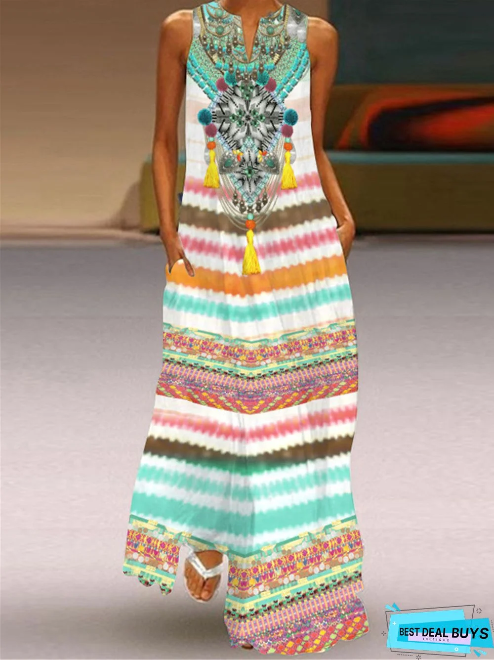 Digital Printed V-Neck Sleeveless Dress Pocket