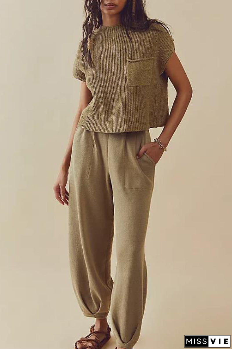 Casual Simplicity Solid Pocket O Neck Two Pieces(5 Colors)