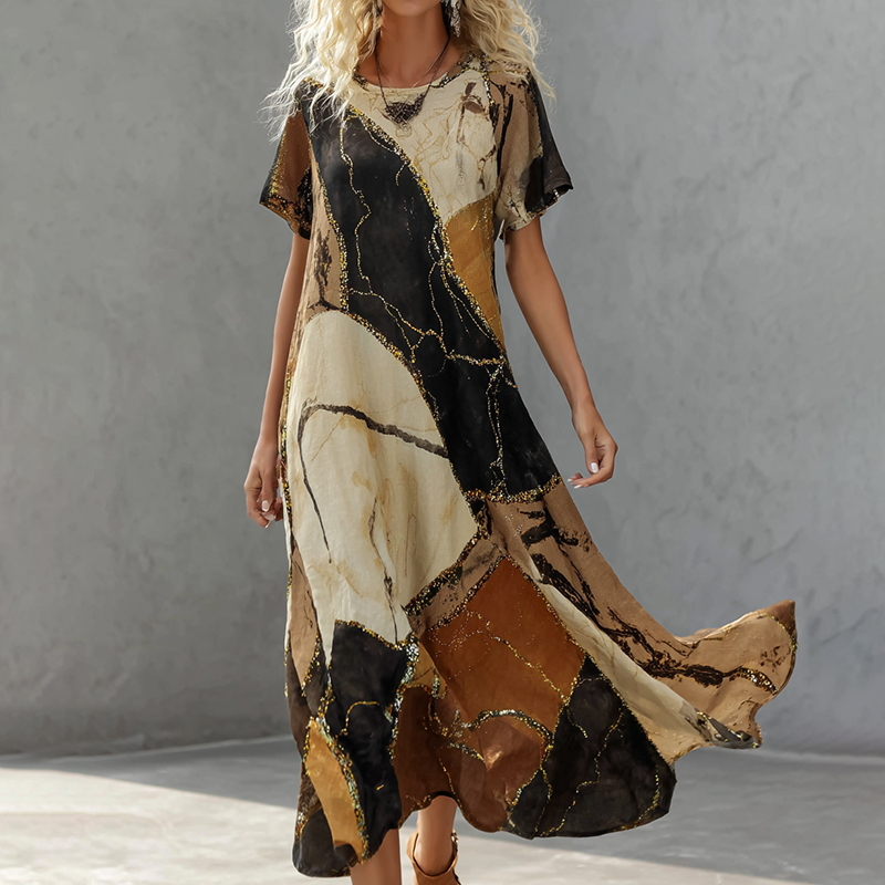 Comstylish Vintage Marble Pattern Art Pattern Linen Blend Maxi Dress