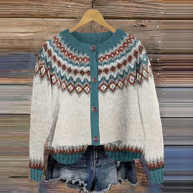 Fairman Island Geometric Contrast Sweater Cardigan