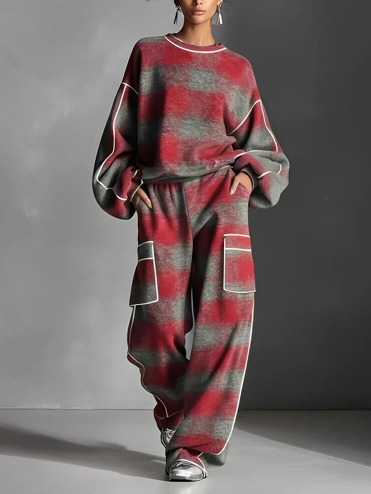 Red and Gray Plaid Color-blocked Sweatshirt and Casual Pants Two-piece set