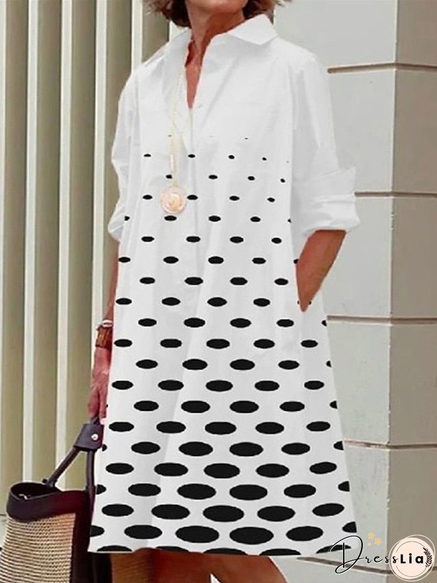 Shirt Dress Casual Dress Midi Dress Outdoor Daily Vacation Polyester Fashion Casual Shirt Collar Button Pocket Long Sleeve Summer Spring Fall Loose Fit Black White Gray Polka Dot Flower for Women