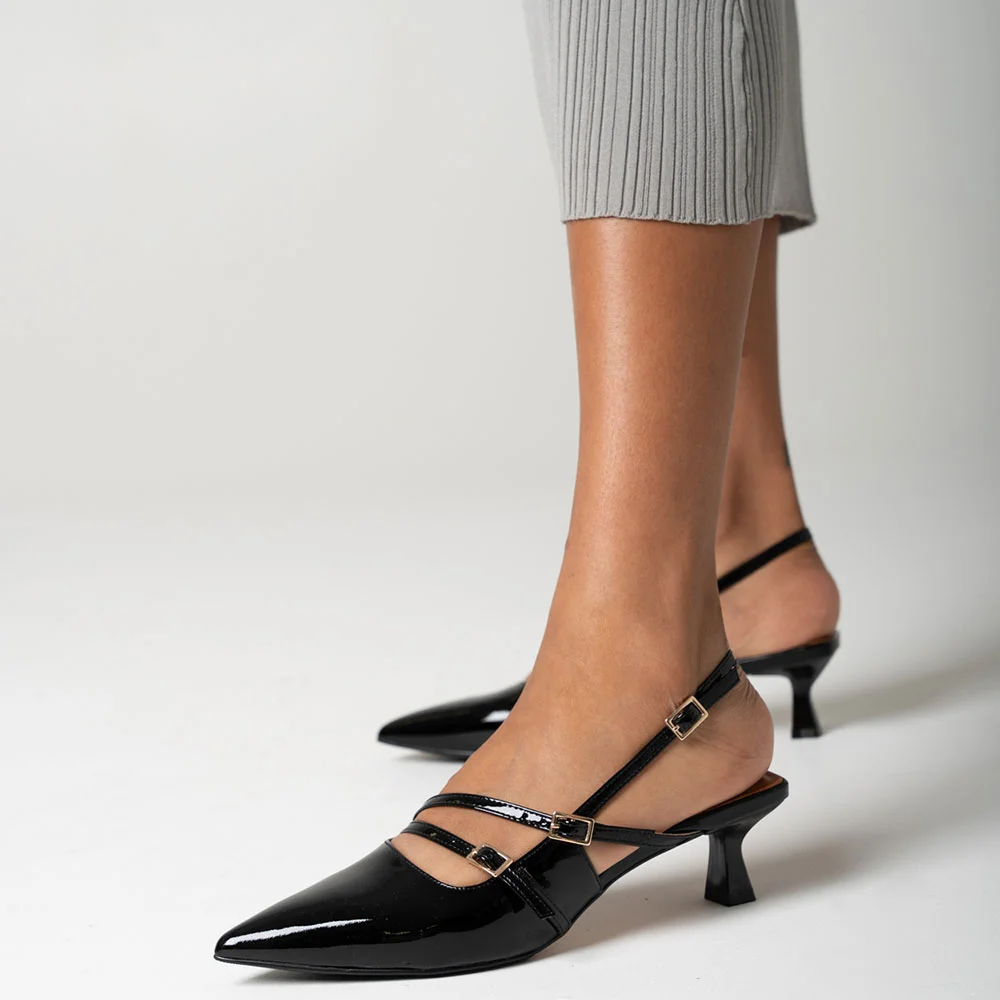 Black Patent Leather Buckle Straps Kitten Heel Slingback Pumps