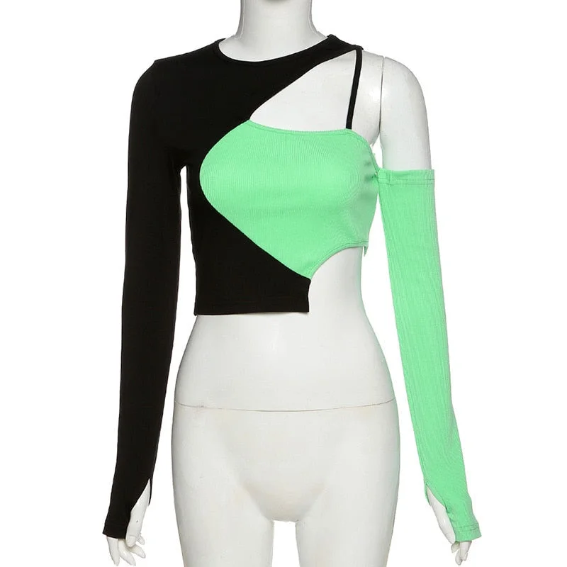 ALLNeon E-girl Punk Style Open Shoulder Hollow Out Patchwork T-shirts Y2K Fashion O-neck Long Sleeve Crop Green Tops Partywear