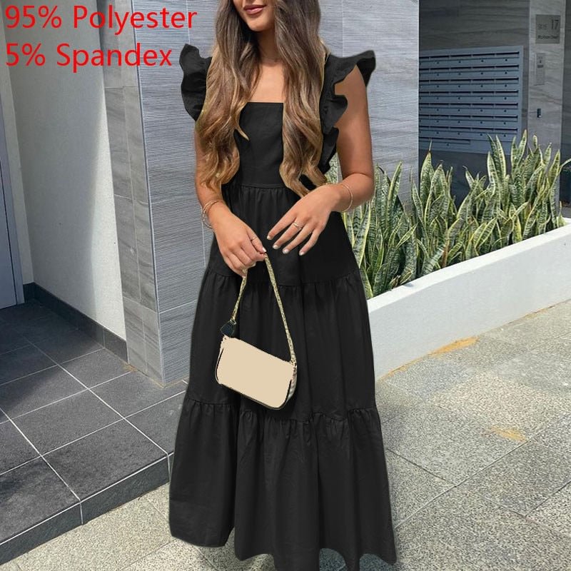 17 Colors Celmia Summer Maxi Sundress Women Sexy Sleeveless Ruffled Dress Bohemian Square Collar Casual Beach Party Vestido Robe