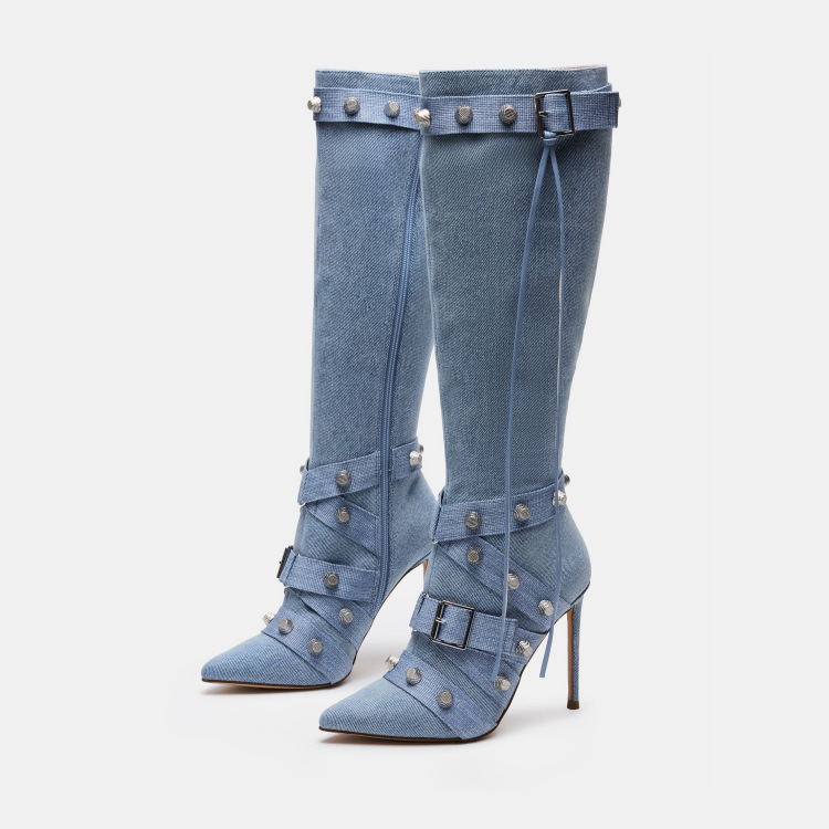 GOOSHOE Rivet Knee Length Buckle Tassel Boots Spicy Girl Motorcycle Side Zipper Boots