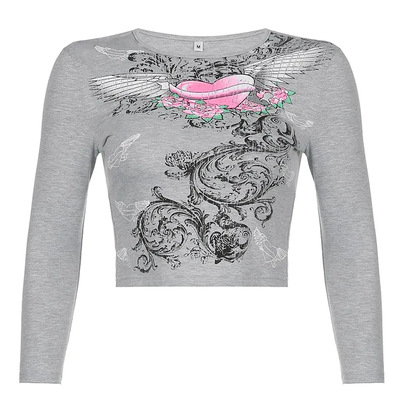 Xingqing Angel Wings Print Tops Fairy Grunge Graphic T Shirts Vintage Indie Aesthetic Clothes Cyber Y2k Slim Long Sleeve Top