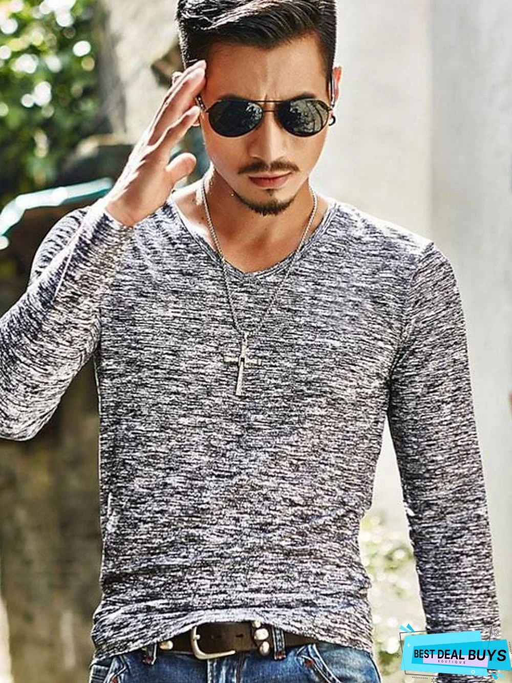 Men's T-Shirt Graphic Solid Colored Print Long Sleeve Daily Slim Tops Basic V Neck Blue Fuchsia Black / Fall / Spring