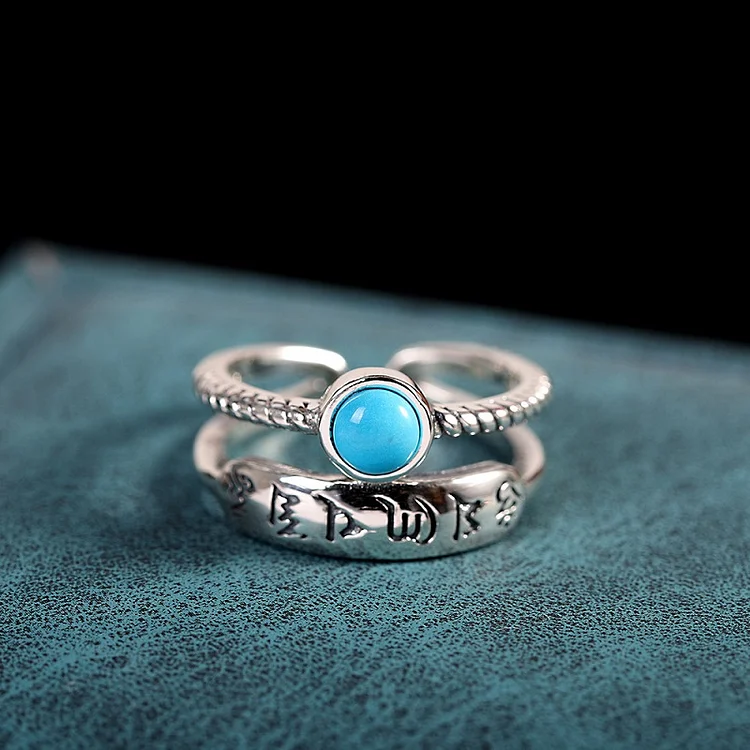 S925 silver bohemian six-word mantra turquoise adjustable opening ring