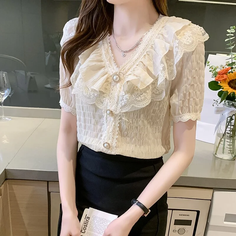 Korean Chic Ruffle Blouse Women Shirt White Chiffon Lace Blouse Sweet V-neck French Vintage Palace Style Short Sleeve Tops 15273