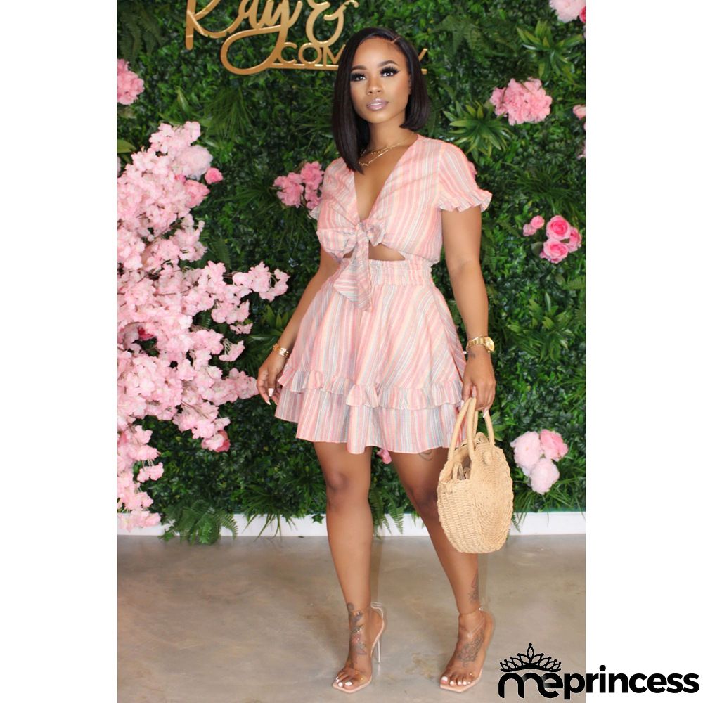 Women Fashion Sexy Stripe Printing Short Sleeve Cut Out Swing Dress