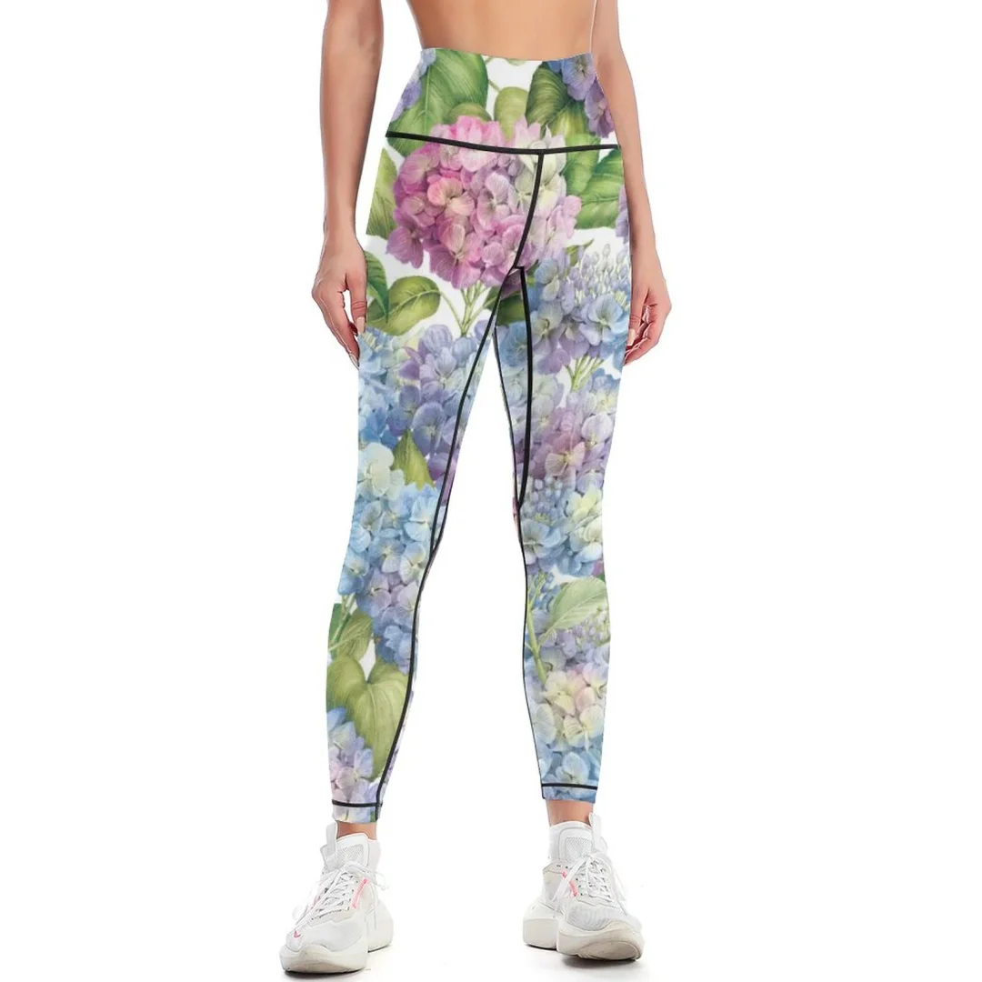 Pink Blue Hydrangea in Bloom Floral Pattern Yoga Pants for Women Casual High Waisted Workout Running Leggings