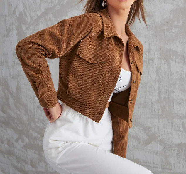 Nigikala Nigikala Women's Corduroy Flip Pocket Button Short Casual Jacket Jacket