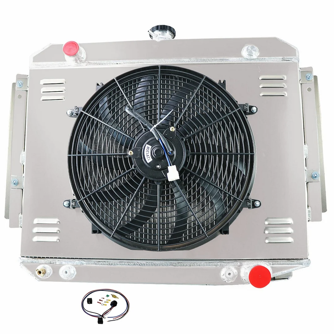 Alloyworks 4 Rows Aluminum Radiator with Shroud Fan For 1970-1979 Dodge D100 D150 W100 W150 Ramcharger 5.2L 6.6L 7.2L V8 24" Height X 30" Width