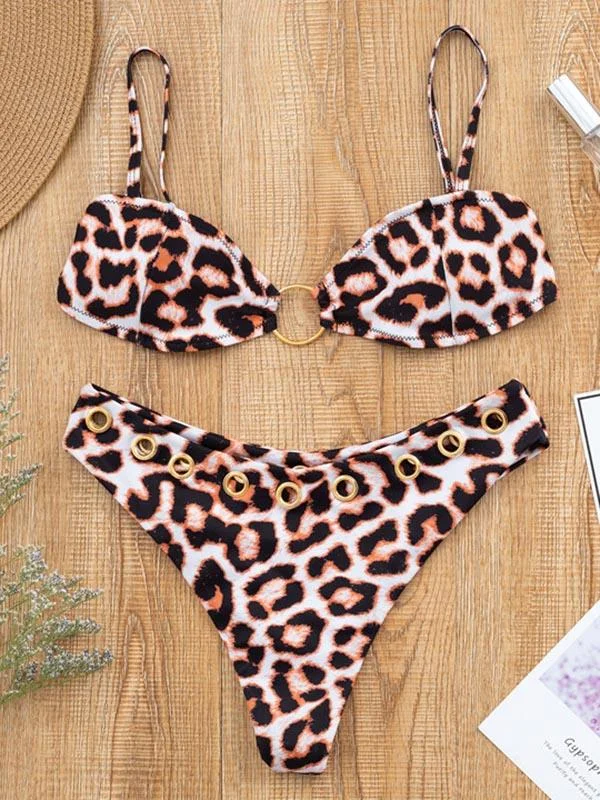 Leopard Print Hollow Split Bikini Swimsuit