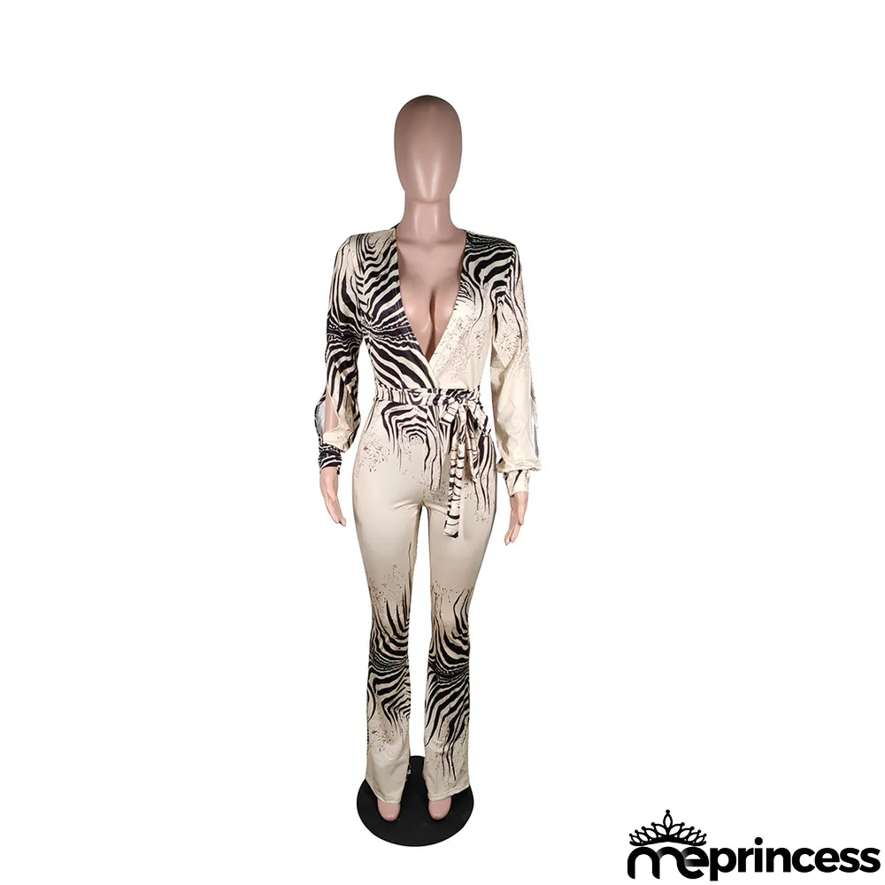 Sexy Deep V Long Sleeve Wide Leg Jumpsuits With Mask