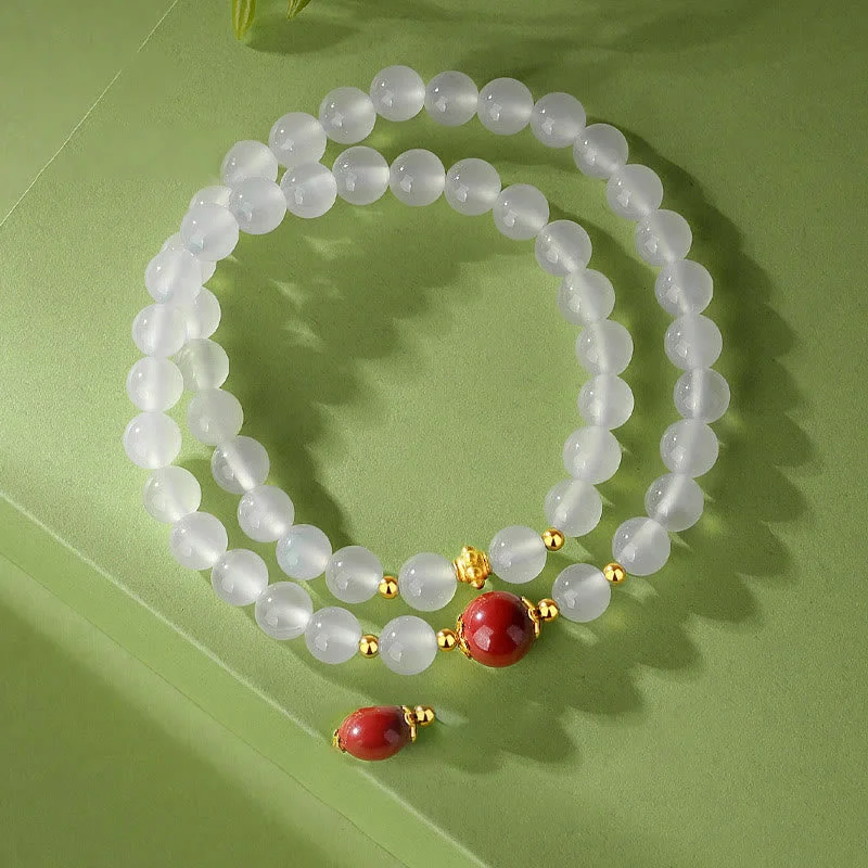 925 Sterling Silver Natural White Agate Cinnabar Double Wrap Protection Bracelet