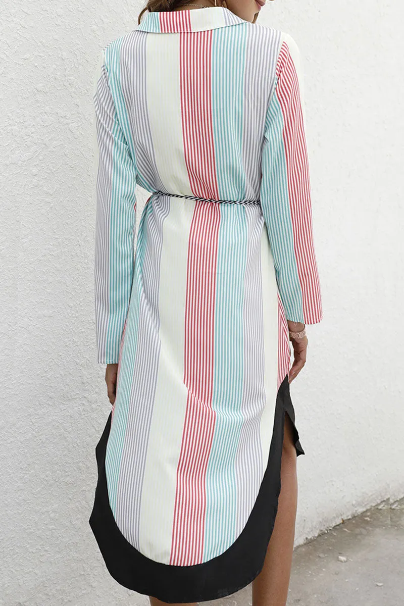 Fashion Street Print Split Joint Turndown Collar Irregular Dresses