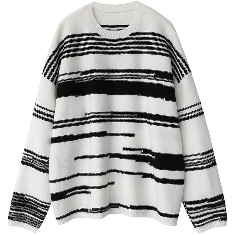 Casual Loose Round Neck Contrast Color Irregular Striped Long Sleeve Sweater     