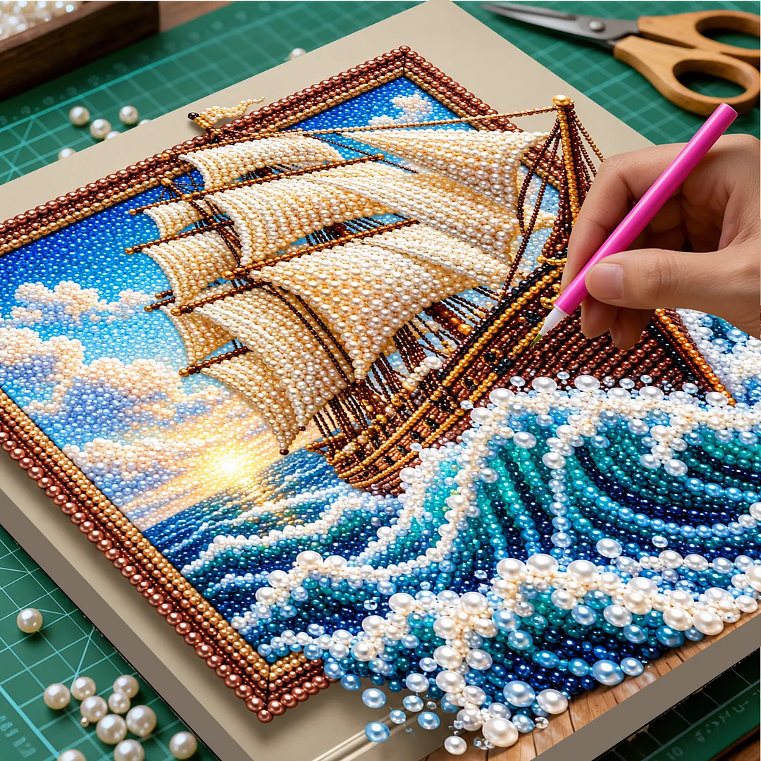 Framed Pearl Mosaic Painting Kit Sailboat 11.81x11.81in