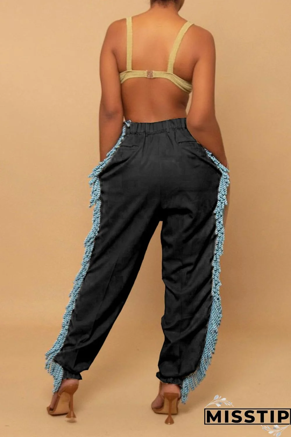 Black Casual Solid Tassel Patchwork Loose High Waist Pencil Solid Color Bottoms