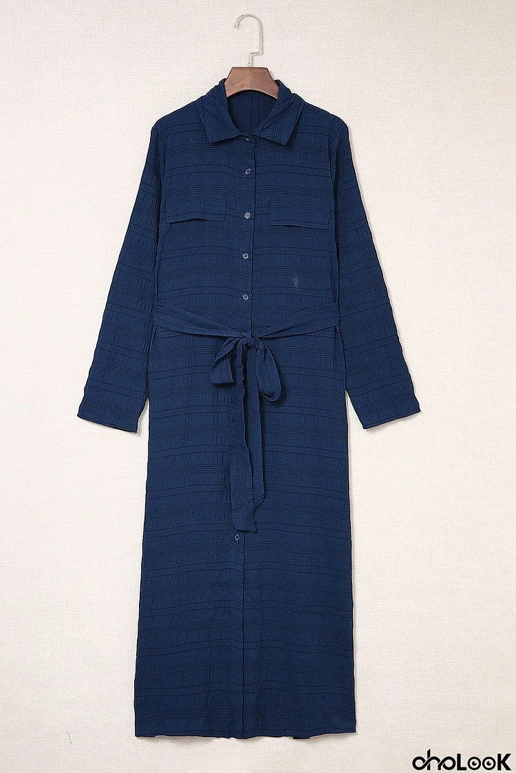 Crinkle Textured Long Sleeve Shirt Dress with Belt