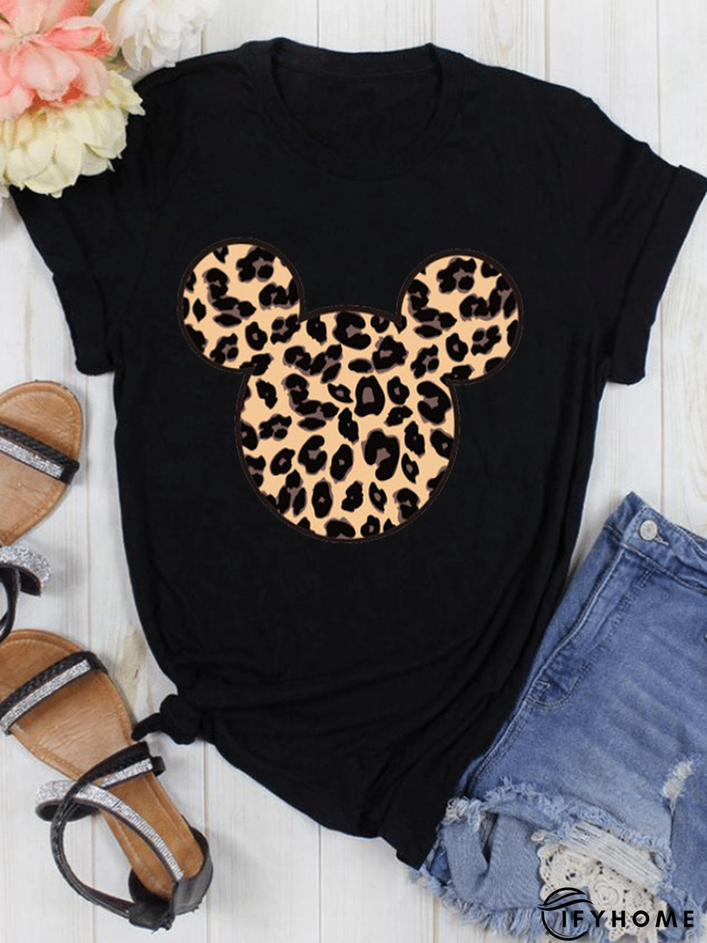 Leopard Cotton-Blend Casual Short Sleeve T-shirt | IFYHOME
