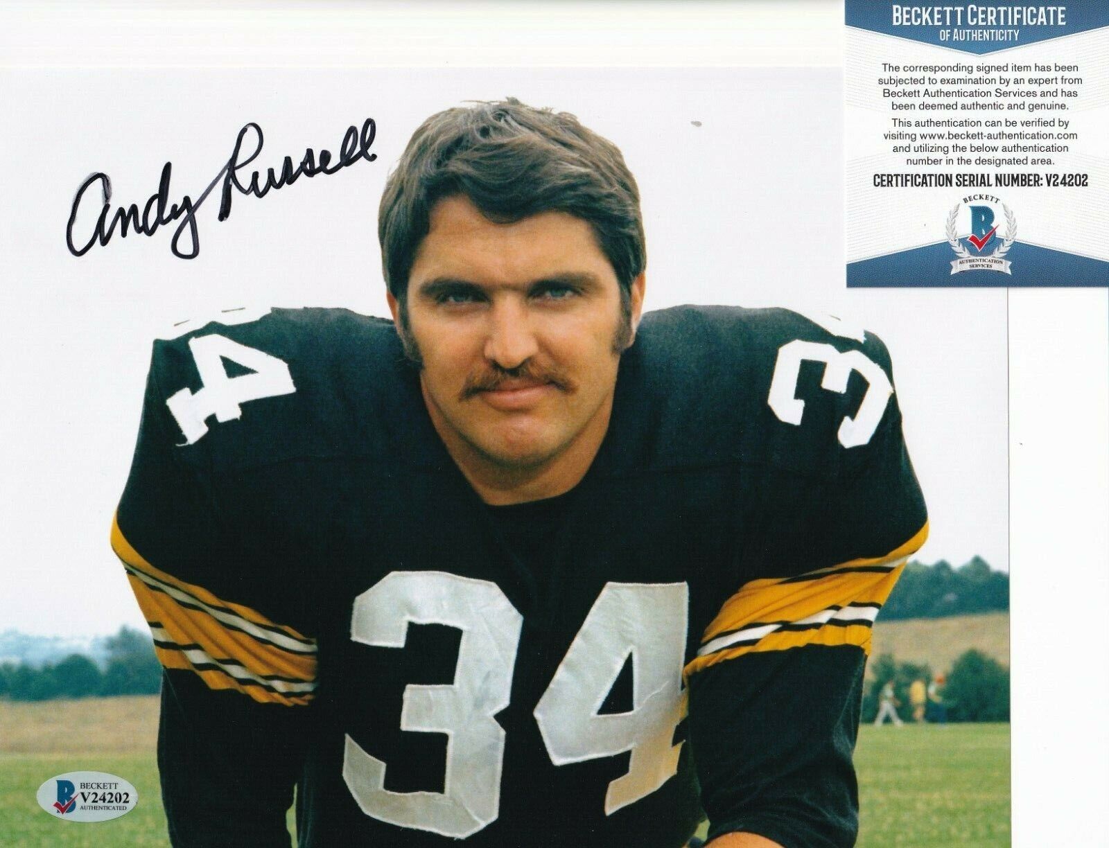 ANDY RUSSELL signed (PITTSBURGH STEELERS) Football 8X10 Photo Poster painting BECKETT V24202