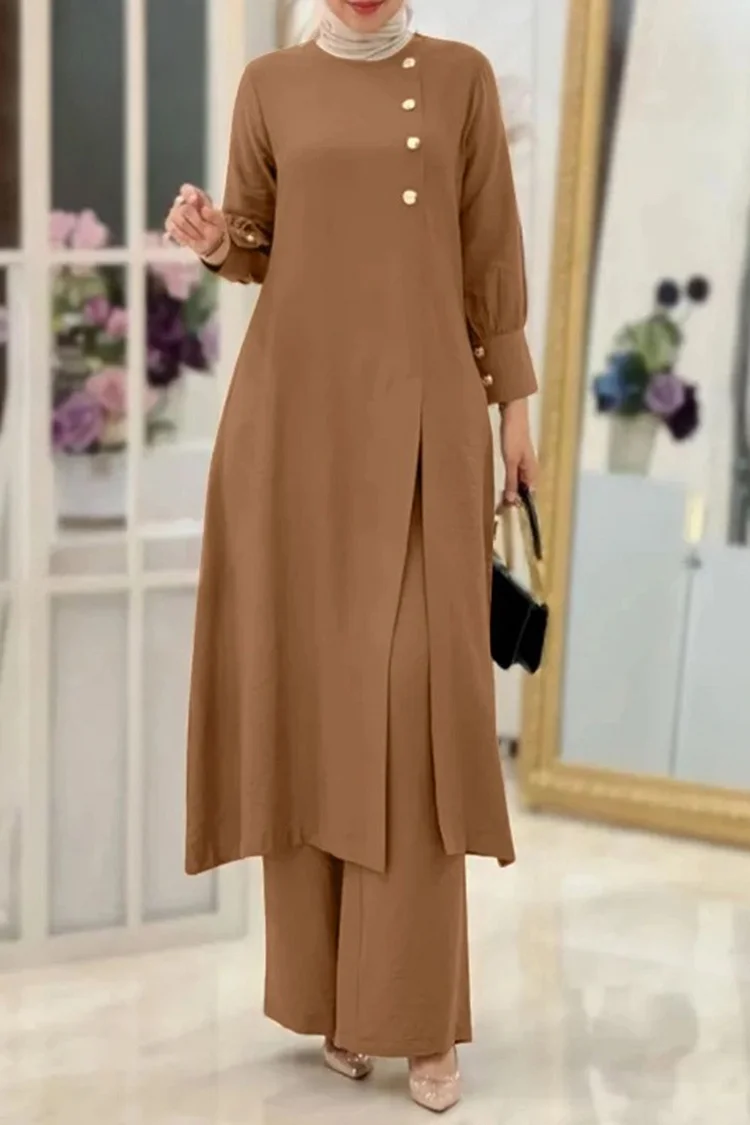 Elegant Solid Color Side Split Dress & Pant 2Pcs Set