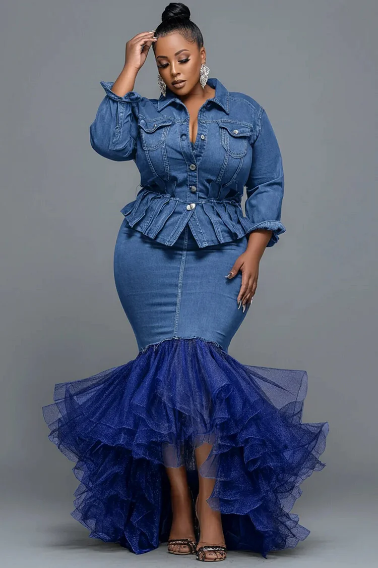 Xpluswear Design Plus Size Club Blue Shirt Collar Long Sleeve Mermaid Elegant Ruffle Tulle Denim Two Piece Skirt Sets 2024 - Xpluswear