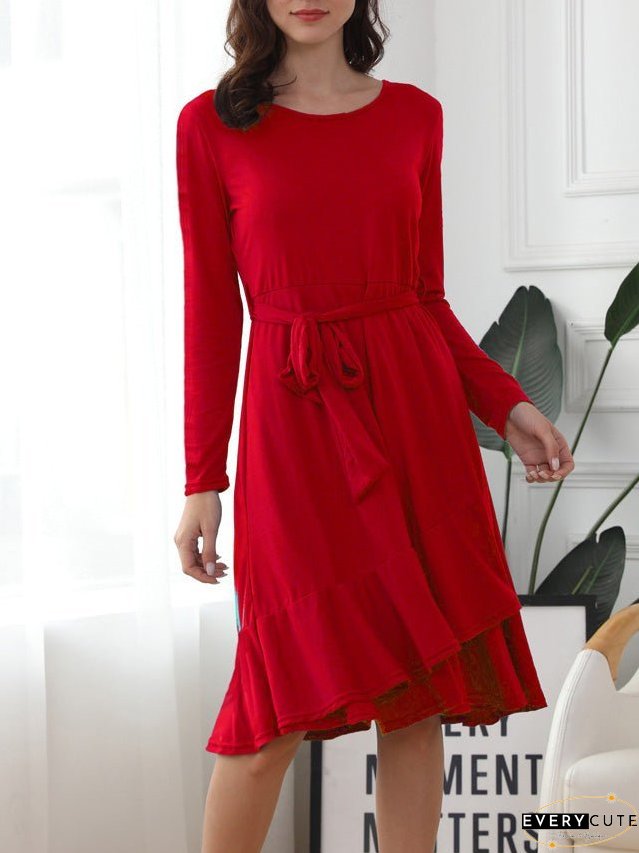 Dresses Solid Tie Crew Neck Long Sleeve Ruffle Dress for Women