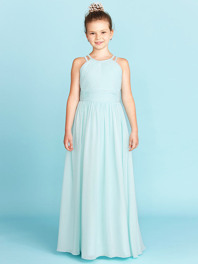 Oknass Princess A-Line Jewel Neck Floor Length Chiffon Flower Girl Dress With Ruched Side-Draped Wedding Party Open Back