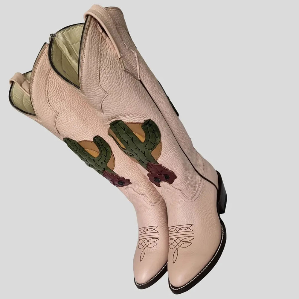 Faux Leather Snip Toe Block Heel Light Pink Cowgirl Boots for Women Nicepairs